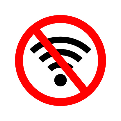Wifi error. Wifi signal offline. Icon of off internet. Bad wireless connection of internet. Symbol of wi-fi antena. Sign of lost signal. zone of ban communication. Stop or jamming of network. Vector.