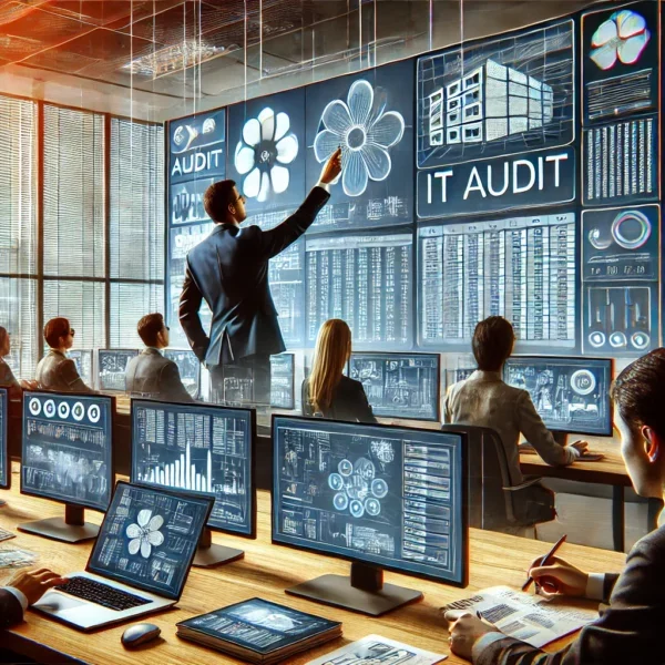 DALL·E 2024-11-21 16.36.29 - An image illustrating an IT audit in progress, featuring a professional environment with a team of IT specialists analyzing data on multiple computer DALL·E 2024-11-21 16.36.29 - An image illustrating an IT audit in progress, featuring a professional environment with a team of IT specialists analyzing data on multiple computer
