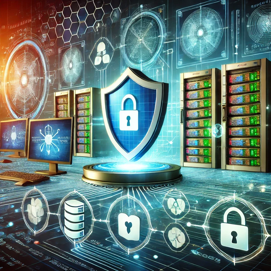 DALL·E 2024-12-05 14.58.40 - A detailed illustration of cybersecurity for businesses, featuring a secure network with a glowing firewall, antivirus icons, and data encryption symb DALL·E 2024-12-05 14.58.40 - A detailed illustration of cybersecurity for businesses, featuring a secure network with a glowing firewall, antivirus icons, and data encryption symb